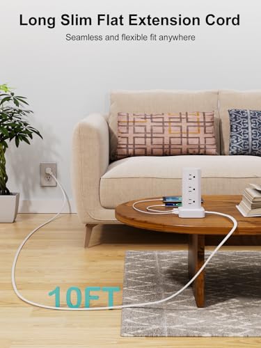 Power Strip Tower Surge Protector, 10FT Flat Plug Extension Cord with Multiple Outlets, 12 AC Outlets 4 USB (2 USB C), Desktop Charging Station with Surge Protection for Home Office Dorm Room, White - color: White, size: 10FT