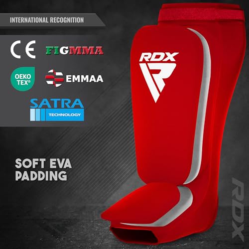 RDX Shin Guards Kickboxing Muay Thai, SATRA Approved, MMA Leg Instep Protection Pads, Sparring Training Martial Arts Boxing, Elasticated Padded Protector, Karate BJJ Taekwondo Gear, Men Women - color: Red White, size: X-Large
