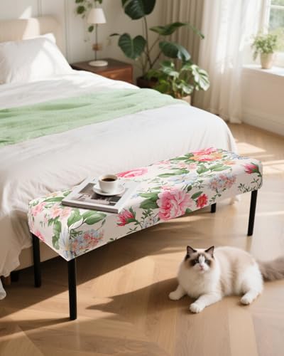 Fuloon Stretch Bench Cover, Anti-Dust Removable Dining Bench Slipcover Washable Seat Cushion Protector for Bedroom, Kitchen, Hotel, Banquet, Peony Flower - color: Flower Peony