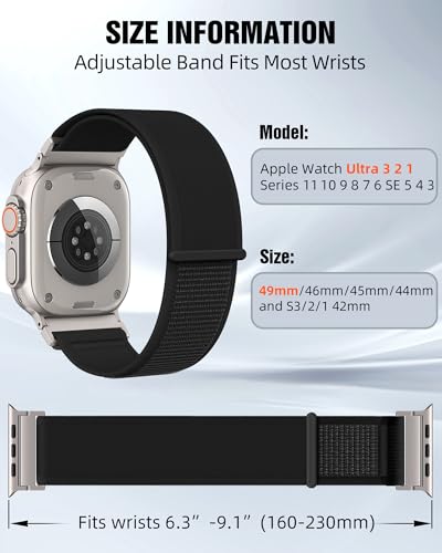 Trail Loop Nylon Sport Band Compatible with Apple Watch Ultra 3 2 Band for Men 49mm 46mm 45mm 44mm 42mm, Rugged Breathable Sport Adjustable Strap for iwatch bands Series 11/10/9/8/7/6/5/4, SE 3 2 1 - color: Black2(Silver)