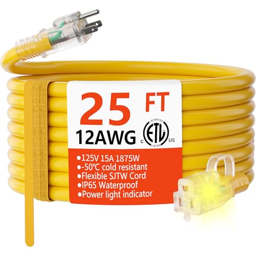 HUANCHAIN 12 Gauge Heavy Duty Outdoor Extension Cord 25 ft Waterproof with Lighted end, Flexible Cold-Resistant 3 Prong Electric Cord Outside, 15Amp 1875W 12AWG SJTW, Yellow, ETL - color: Yellow, size: 25FT