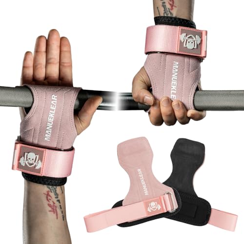 MANUEKLEAR Gym Straps Weight Lifting, Double Leather Lifting Straps for Men Deadlift with Cushion Wrist Loop, Gym Lifting Wrist Wraps for Weightlifting - color: Size S - Pink