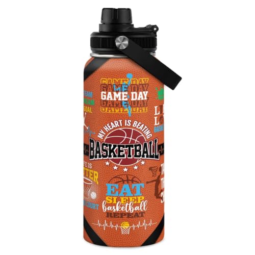 SANDJEST Basketball Water Bottle 32oz, Stainless Steel Insulated Sports Bottle with Lid, Basketball Gifts for Men Players Lovers Fan - color: Basketball 1