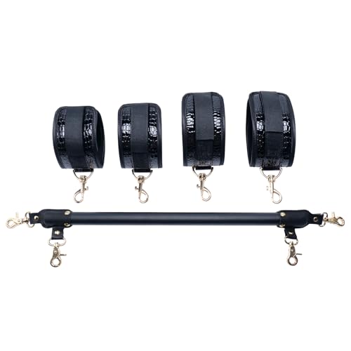 Wooden PU Spreader Bar with 4pcs PU Adjustable Straps,Workout Bar for Home Gym Training Bar,Portable Detachable Pilates Kit - style: Black+Crocodile Black Kit