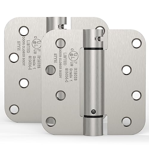 2 Pack 4 Inch Self Closing Door Hinges, Satin Nickel | Spring loaded; adjustable tension; 5/8" radius corners; UL listed; for front and back doors; left or right hand swing - color: Satin Nickel, size: 4" (2 Pack)