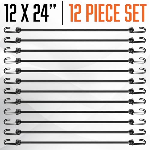 24 Inch Bungee Cords with Hooks - 12Pcs Bungie Set Heavy Duty Outdoor | Black Bunjee Chords 2 ft - Strong Bungee Straps UV & Weather Resistant - Rubber Bungy Cords 200lb Strength - size: 24” (12 Piece)