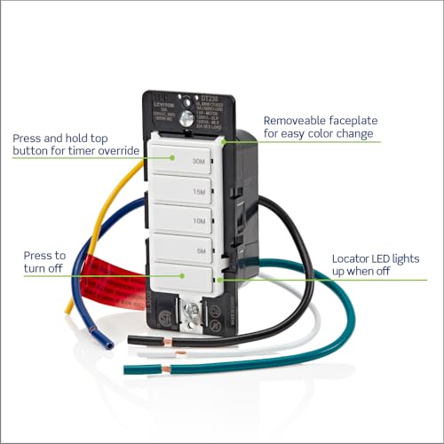 Leviton Countdown Switch for bathroom household lights, 5-10-15-30 min, Neutral Wire Required, 20A, 1HP/16A Fan/Motor, Single Pole, Multi-Way or Multi-Timer, DT230-1LW, White - style: 5-10-15-30 min, Neutral Wire Required