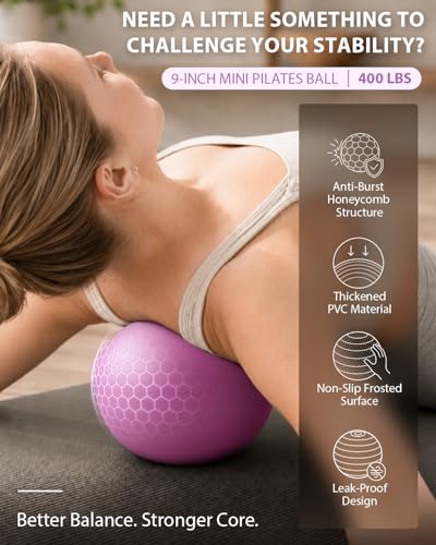 LIONSCOOL Pilates Ring Set - 14" Anti-Deformation Magic Circle with Padded Handles, 9" Mini Ball, Non-Slip Fabric Resistance Bands, Guide & Bag - color: Purple