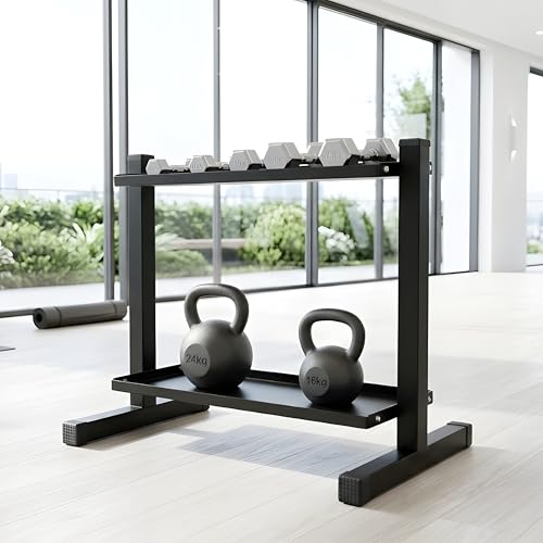 FEBTECH Heavy-Duty 2-Tier Kettlebell Rack, Gym Storage Rack for Kettlebells | Compact kettlebell rack design weight rack for home gym, steel weight storage racks organizer with secure weight holder Black