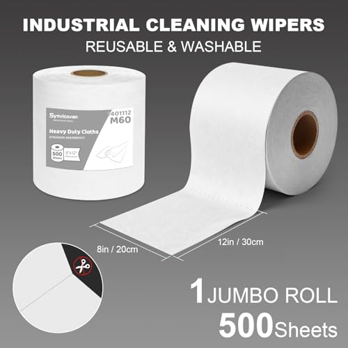 Jumbo Roll Industrial Cleaning Wipes, Lint-Free and Super Absorbent Heavy Duty Cloths, White (1 Roll of 500 Sheets, 12"x 8" Each Sheet) - color: White