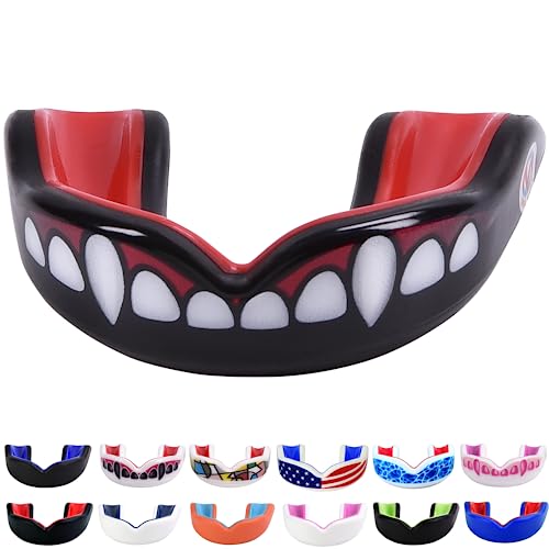 Oral Mart Youth Sports Mouth Guard for Kids (USA Flag, Fangs, 20+ Colors to Choose from) Mouthguard for Football, MMA, Karate, Boxing, Rugby, BJJ, Flag Football – /w Case (Youth, Strapless) - color: Fangs / Vampire