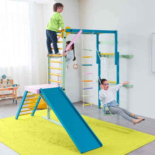 Avenlur Grove 9-in-1 Indoor Jungle Gym Playground: Montessori Waldorf Style Wood PlaySet for Kids, and Toddlers Features Monkey Bars, Rope Wall Net, Ladder, Climber, Slide, Ring Set. Ages 2-11yrs - color: Colorful