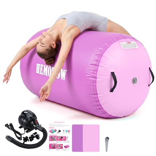 Inflatable Gymnastics Air Barrel Roller with Electric Pump, Heavy Duty PVC Tumbling Barrel Back Handspring Trainer, Air Tumble Track Mat for Home Gym, Cheerleading, Yoga Practice - color: Lavender & Pastel Pink, size: 3.3'L x 2'D