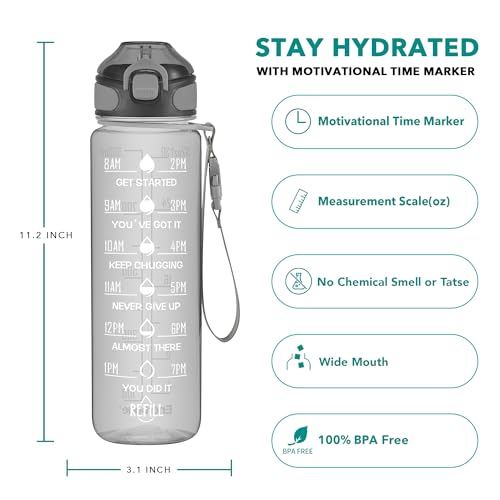 Enerbone 32 oz Water Bottle with Times to Drink and Straw, Motivational Drinking Water Bottles with Carrying Strap, Leakproof BPA & Toxic Free, Ensure You Drink Enough Water for Fitness Gym Outdoor - color: Obsidian