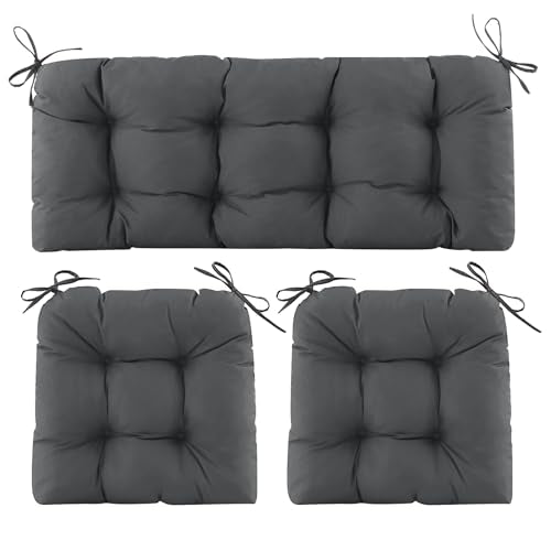 Wicker Chair Cushions of 3 Pieces, Waterproof Cushions for Patio Furniture, Tufted Wicker Outdoor Furniture Cushions, 1 Patio Loveseat Cushion and 2 U-Shaped Cushions, 44"x19"x5", Dark Grey - color: Dark Grey