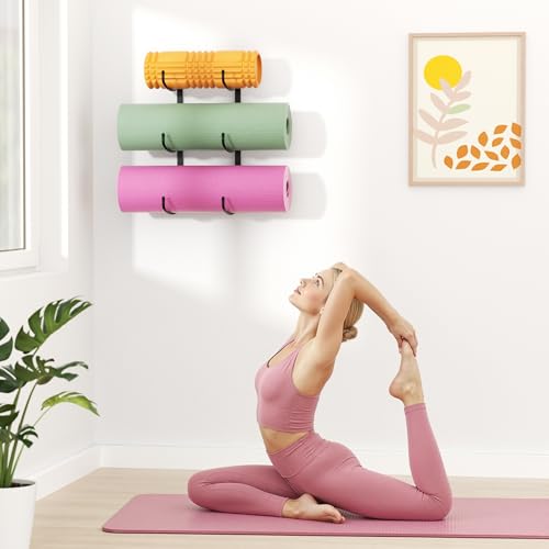 Yoga Mat Holder Wall Mount, 3-Tier Storage Rack for Yoga Mat, Foam Roller, Block, Yoga Accessories, Wall Organizer for Home Gym, Gym, Workout Room, Metal, Black - color: Black