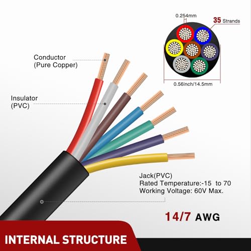 Nilight 50 Feet 7 Way Trailer Extension Cable Traditional SAE 14 Gauge 7 Conductor 100% Pure Copper Wire Insulated Heavy Duty Cord Weatherproof for 7 Pin Blade RV Automotive - color: Traditional SAE Trailer Cord 50FT