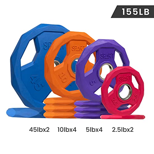 SPART Color Coded Weight Plate 2-Inch Rubber Coated Olympic Grip Plate for Barbell, Solid Cast Iron Weight Plates for Strength Training, Weightlifting, Crossfit, Home Gym, 2.5LB/5LB/10LB/25LB/35LB/45LB, Pair - color: 155LB SET