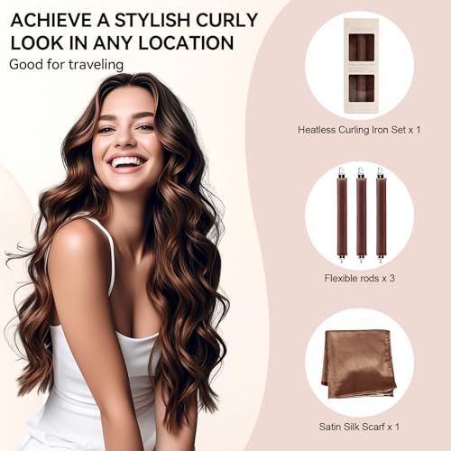 Heatless Curls Overnight Hair Care Set - Jumbo Velvet Hair Curlers | No Heat Hair Rollers for Women, Comfortable Sleep-In Hair Rollers with Satin Scarf, No Heat Damage Curling Rods for All Hair - color: Brown