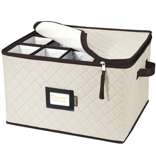 BALEINE China Storage Containers, Sturdy Quilted Wine Glass Storage, Plate Organizer with Carry Handles, Moving Boxes for Dishes, Cups, Mugs and Stemware (Wine Glasses, Soft Shell Cream) - color: Cream, style: Wine Glasses-Soft Shell