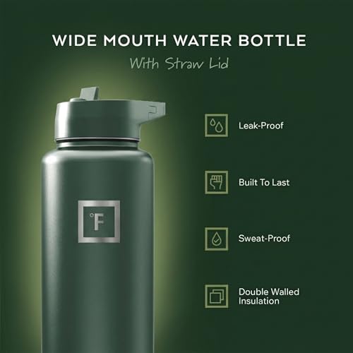 IRON °FLASK 40 oz Wide Mouth Water Bottle with Straw | Insulated Stainless Steel Sports Water Bottle with Leakproof Straw Lid - BPA Free, Cold 24 Hrs, Sweat Free (Dark Pine) - color: Dark Pine, style: Straw - 40 Oz (1 Lid)