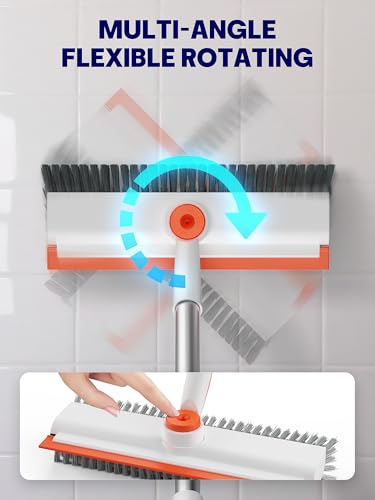 Floor Scrub Brush with Long Handle, 3 in 1 Deck Brush with Squeegee | 360° Swivel, Dual-side Bristle Floor Scrubber with Tweezer for Tile Wall Bathtub Patio Garage Pool Kitchen (Orange and White - color: Orange and White