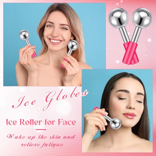 Baderke 2 Pcs Ice Globes for Face Stainless Steel Cooling Globes Unbreakable Cooling Roller Women Ice Balls Cryo Sticks Facials Skin Care for Dark Circles, Puffiness(Silver (Pink Handle)) - color: Silver (Pink Handle)
