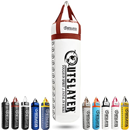 Outslayer 80 Pound Filled Punching Bag Boxing and MMA Made in USA - color: White/Red, style: With Bottom D-Ring
