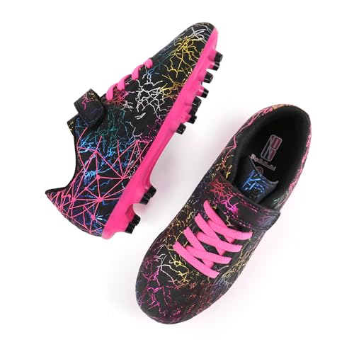 brooman Kids Firm Ground Soccer Cleats Girls Football Cleats with Shin Guards and Soccer Socks - color: Black Fuchsia, size: 10 Toddler