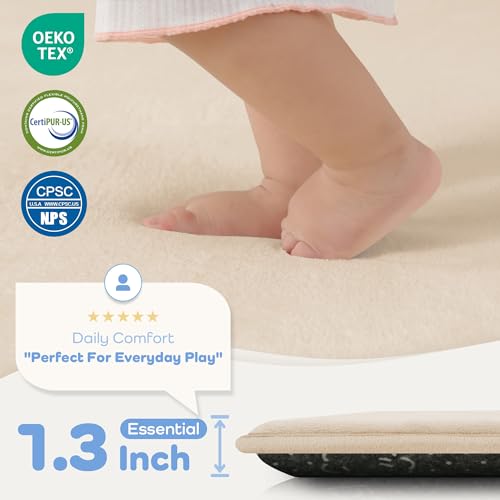 1.3" Thick Baby Floor Play Mat 50x50, Basic Padded Foam Mat for Tummy Time Crawling, Non Slip Cushioned for Babies Toddlers Infants Kids (Beige) - color: Beige, size: 50"x50"x1.3"