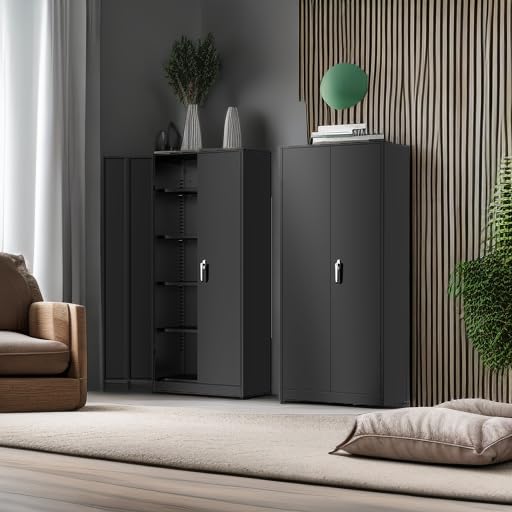 Greenvelly Metal Storage Cabinet, 72" Black Locking Storage Cabinets with Doors and 4 Shelves, Tall Tool Storage Cabinet for Garage, Steel Lockable File Cabinet Metal Locker for Home Office, Classroom - color: Black, size: 71 Inch