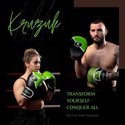 Kruzak Premium Boxing Gloves and Focus Mitts Set for Kickboxing and Muay Thai MMA Training| Focus Pads and Training Gloves | Fitness Kit for Martial Arts & Karate | 08, 10, 12, 14, 16 oz Gloves - color: Black and Green, size: 10 oz