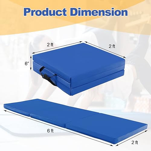 Goplus Folding Gymnastics Mat, 6’ x 2’ x 2’’ Thick Tri-Fold Exercise Tumbling Mat w/Carrying Handles, Hook & Loop Fastener, Gym mats for Home Fitness Yoga Aerobics Workouts Martial Arts - color: Navy