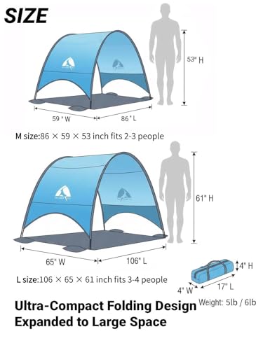 Beach Umbrella with UPF 50+ UV Protection, Portable Beach Tent Canopy with 360° Ventilation, 4 Sandbags, Wind Ropes & Stakes, Storage Pockets for Beach, Travel, Backyard (4)