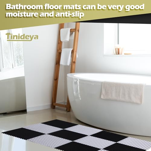 Tinideya 50 Pcs Drainage Interlocking Floor Tiles, 12'' x 12'' Soft TPE Non Slip Shower Floor Tiles for Pool Bathroom Shower Balcony Patio Locker Room Basement Stairs(Black and White) - color: Black and White