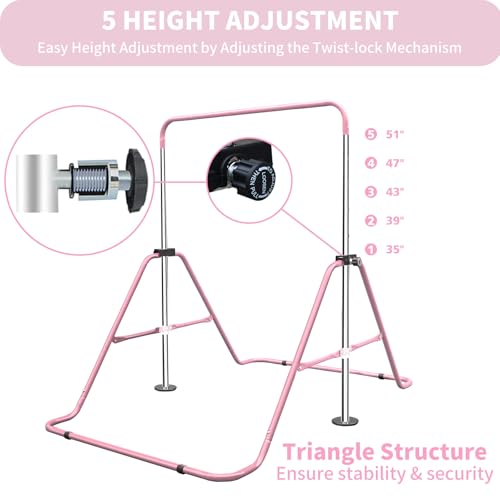 Gymnastic Bars for Kids with Attachable Rings, Height Adjustable Junior Training Horizontal Bars, Foldable Gymnastic Training Kip Bar for Home - color: Pink