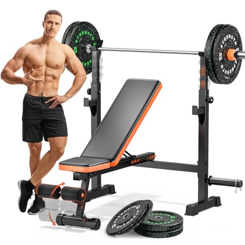 Adjustable Weight Bench with Squat Rack, 770lbs Heavy Duty Olympic Bench Press for Home Gym, Multi-Function Flat Incline Workout Bench Family Strength Training with Removable Foot Catch