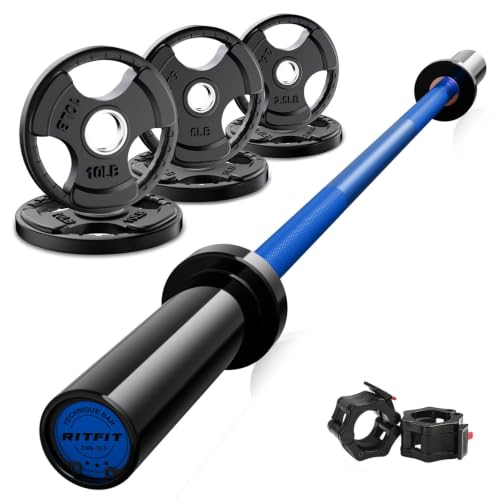 RitFit Barbell Weight Set - 4/6FT Olympic Barbell with Weight Plates (55-115LB Total) - Weightlifting Equipment for Squats, Curls, Deadlifts, Presses, Hip Thrusts - color: Black/Blue, size: 4FT With 35LB Plates