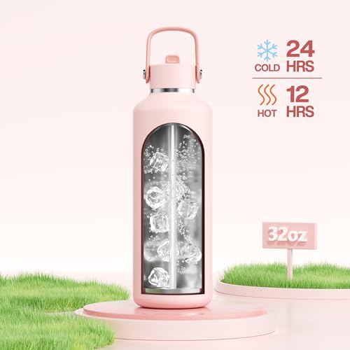 POWCAN 32 oz Insulated Water Bottle: Leakproof, Lid with Flip Straw, Cold for 24H, BPA-Free, Metal Water Bottle with Handle for Travel, Gym, Fitness, Hiking, Birthday Gift for Women (Cotton Candy) - color: Cotton Candy, size: 32 Ounces