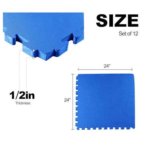 Elevon Puzzle Exercise Gym Flooring Mat, EVA Interlocking Foam Tiles Workout Mat for Home Gym, Fitness Equipment, MMA, Gymnastics, Shock-Absorbing Exercise Mat, Multi-Color - color: Blue, style: 1/2"Th, 12 Tiles (48 Sq Ft)