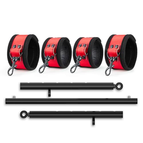 3 in 1 Heavy Duty Stainless Steel Expandable Spreader Bar with 4pcs PU Rose-Gold Adjustable Straps,Workout Bar for Home Gym Training Bar,Portable Detachable Pilates Kit - style: Black+Black-Red Furry Kit