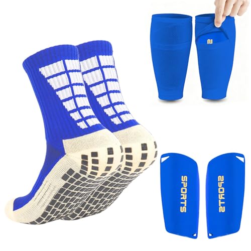 Soccer Socks with Shin Guard for Men, 1 Pairs Mens Grip Soccer Socks and 1 Pairs Shin Sleeves with Shin Guards, Footaball Equipment Shin Sleeves with Pads for Adults - color: A Blue