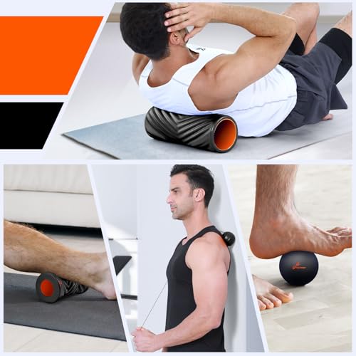 Sportneer 4 in 1 Pilates Foam Roller Muscle Relax Kit | with 2 Textured Foam Rollers Stringed Exercise Ball, Lacrosse Ball for Muscle Shoulder Back Leg Whole Body Relax Fitness Yoga - color: Black