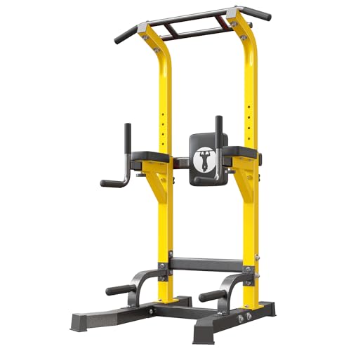 SogesHome Power Tower Pull Up Bar Dip Station for Home Gym 330LB Capacity | Adjustable Height 65.7"-87" Exercise Workout Machine with Comfort Pads & Anti-Slip Grips for Full Body Strength Training - color: Yellow
