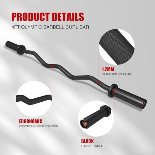 SPART Olympic Barbell EZ Curl Bar, 47INCH/4FT Strength Training Curling Bar with Knurled Grip Chrome Barbell Bar for Weightlifting, Copper Sleeve Barbell for 2-inch Weight Plates, 500 LBS Capacity - color: Black
