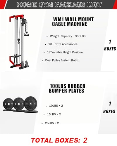 Wall Mount Cable Station, WM1 Cable Crossover Machine with 17 Positions, High and Low Cable Crossover Machine with Removable Footplate for Garage Home Gym - style: 100LBS Home Gym Package RD