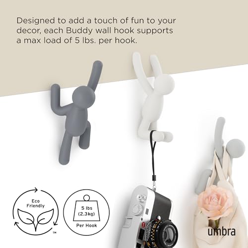 Umbra Buddy Wall Hooks, Decorative Wall Mount Coat Hooks, Set of 3, Grey | Easy install with hardware, holds 5lbs per hook, entryway bedroom bathroom dorm, playful hanging storage, recycled plastic - color: Gray