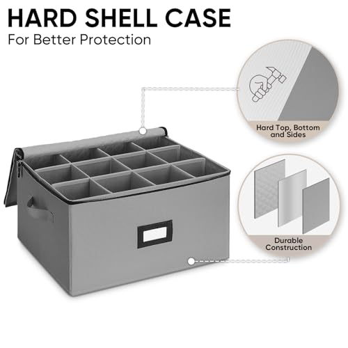 BALEINE China Storage Containers, Sturdy Quilted Wine Glass Storage, Plate Organizer with Carry Handles, Moving Boxes for Dishes, Cups, Mugs and Stemware (Wine Glass, Hard Shell Grey) - color: Grey, style: Wine Glass-Hard Shell
