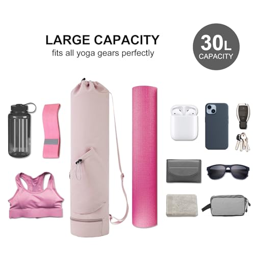 sportsnew Yoga Mat Bag with Water Bottle Pocket & Wet Pocket for Women | Yoga mat carrier fits 1/8"-3/8" yoga mats, quick-access multi-pocket organization, lightweight for gym, Pilates & studio - color: Pink, size: Medium
