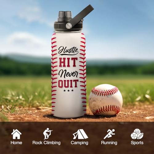Baseball Water Bottle 32oz Hustle Hit Never Quit Stainless Steel Insulated Bottle for Men Women Sports Lovers Baseball Fans - color: Baseball 2